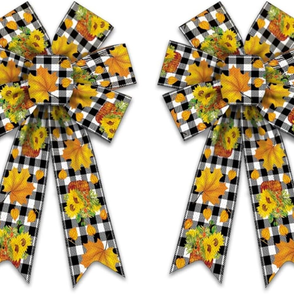 2PCS Fall Wreath Bows, Black White Buffalo Plaid Bows for Wreath Farmhouse Bow f